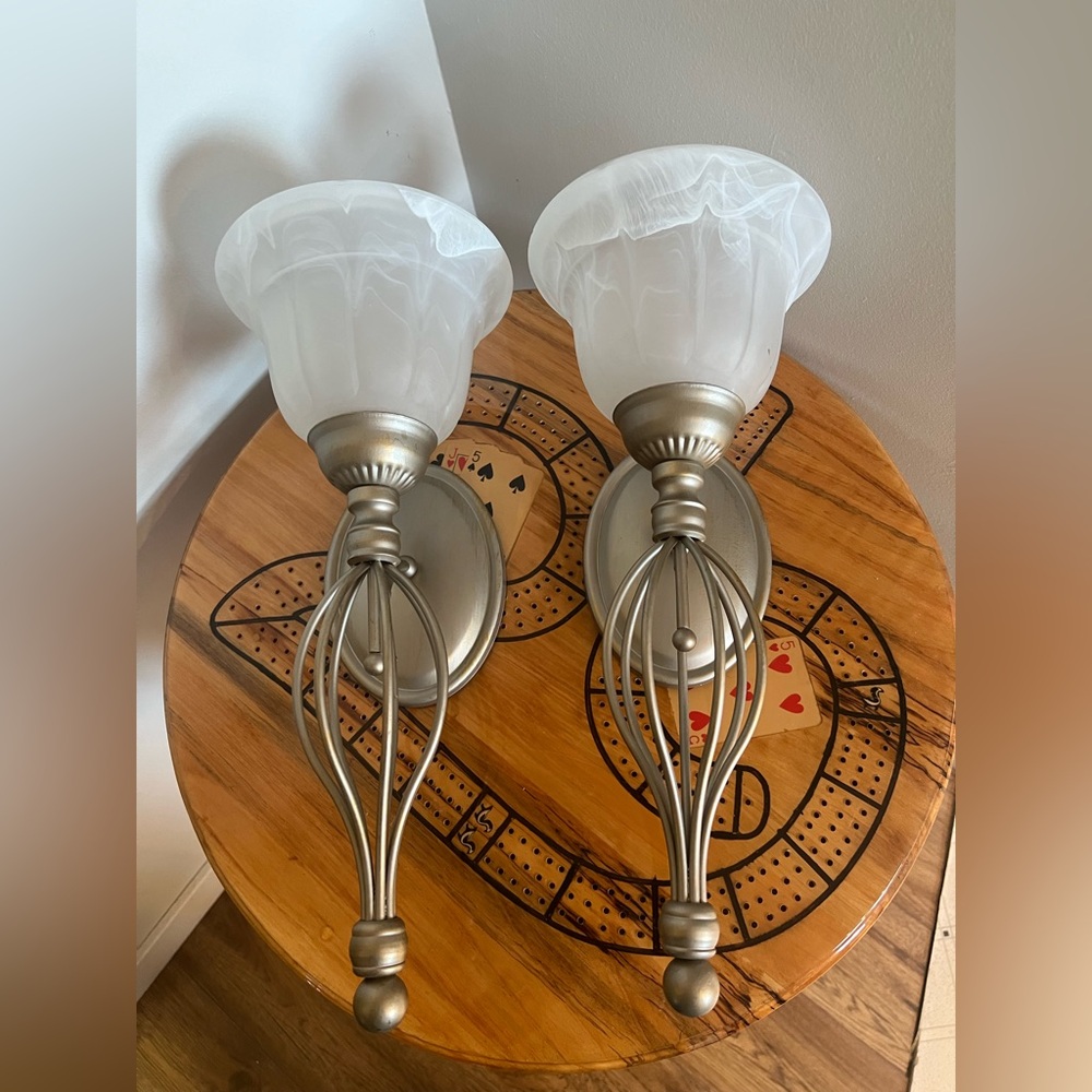 Elegant champagne finish votive Wall Sconces with White Glass Shades. Set of 2